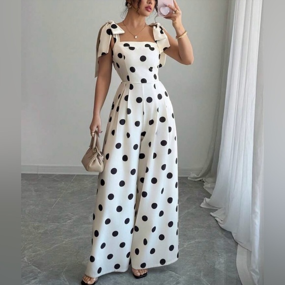 Pants - Polka Dot Jumpsuit - Black and White